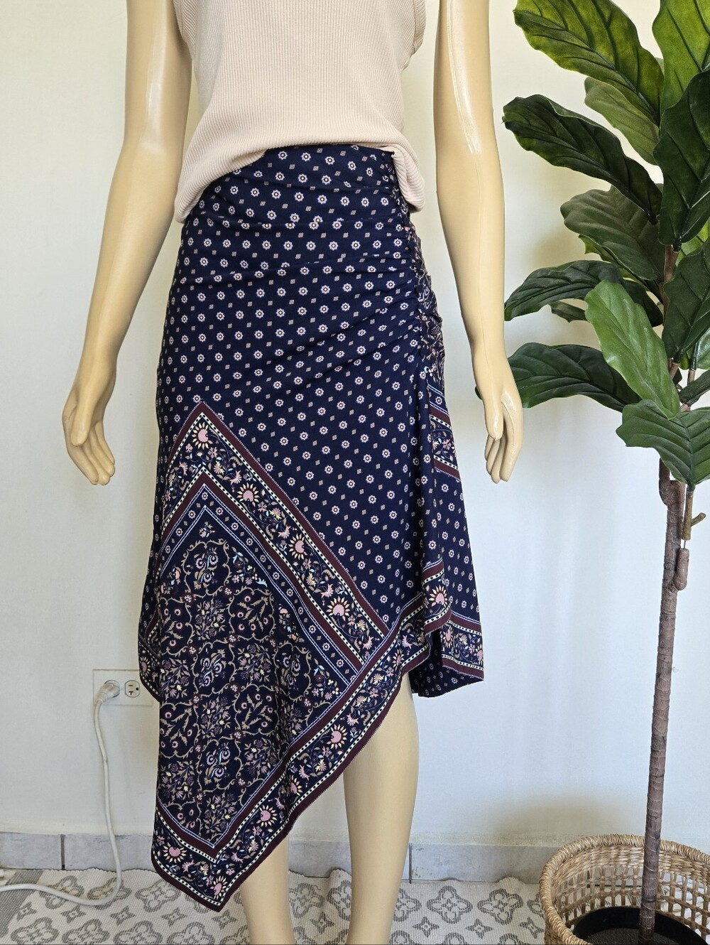 Jonathan Simkhai Navy Scarf Print Asymmetrical Midi Skirt Size S Women's